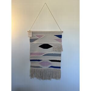 Woven Art Wall Hanging Wool/Cotton Fringed Eclectic Boho Beige Pink Blue Design